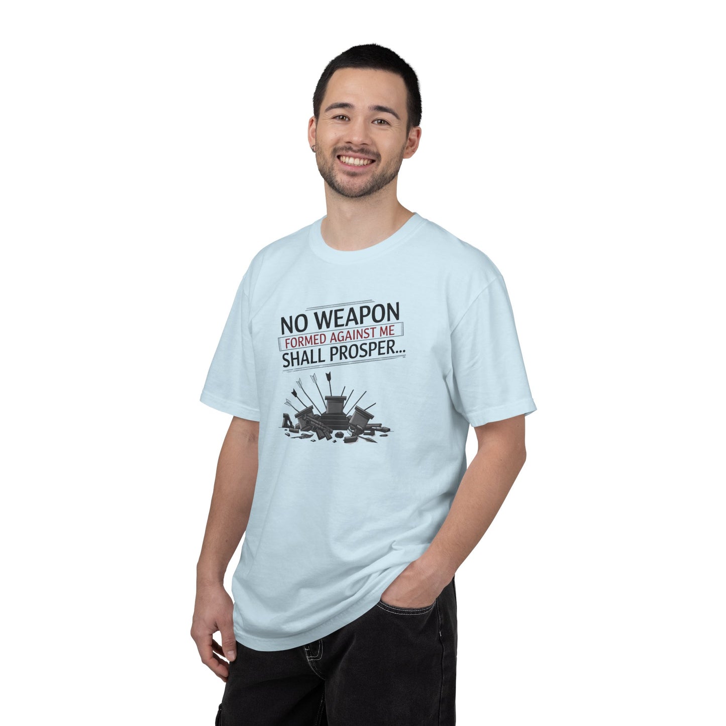 No Weapon Formed Against Me Shall Prosper T-Shirt — Isaiah 54:17 Christian Faith Tee