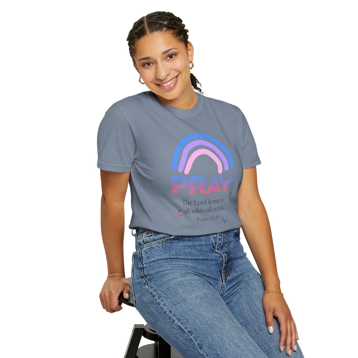 Prayer Rainbow T-Shirt — "PRAY" Psalm 145:18 Inspirational Christian Tee