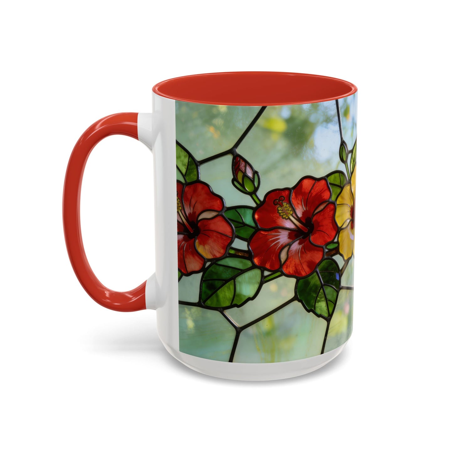 Stained Glass Floral Accent Coffee Mug — Hibiscus & Sunflower Art (11/15oz)