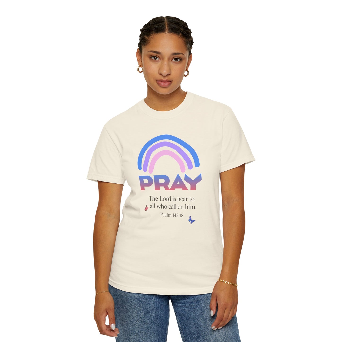 Prayer Rainbow T-Shirt — "PRAY" Psalm 145:18 Inspirational Christian Tee