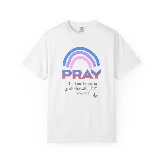 Prayer Rainbow T-Shirt — "PRAY" Psalm 145:18 Inspirational Christian Tee