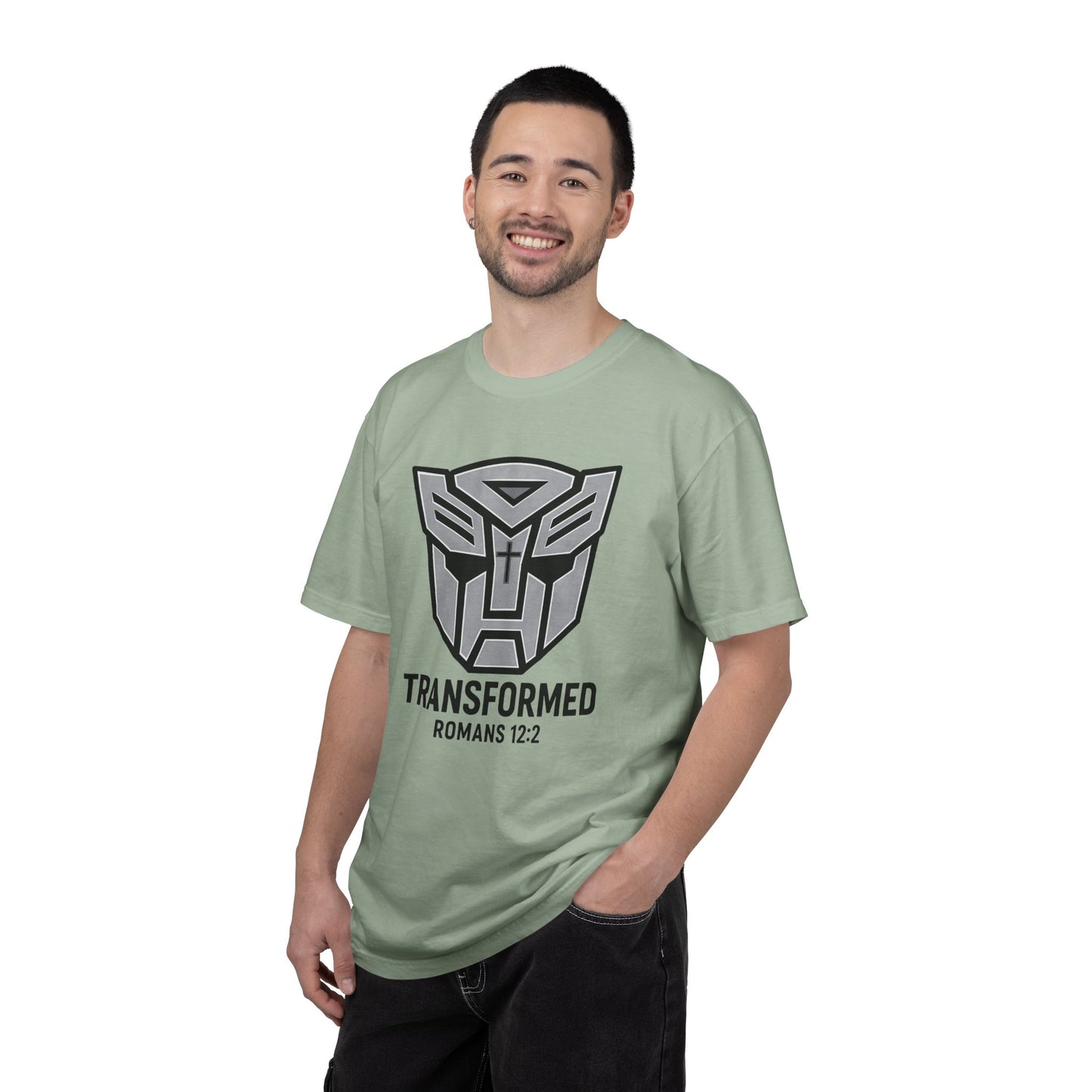 Transformed Graphic Tee — "Transformed" Romans 12:2 Christian Transformer Logo T-Shirt