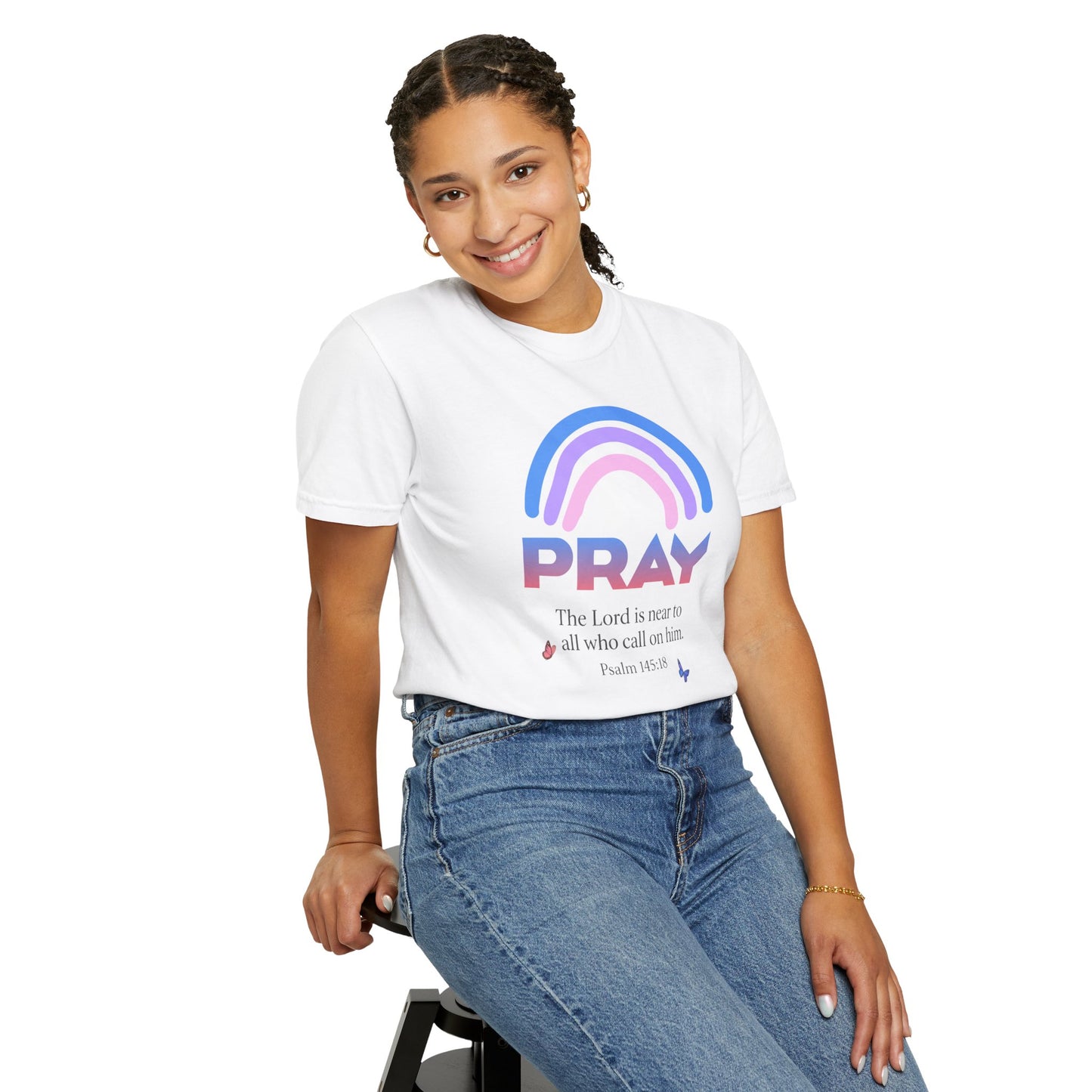 Prayer Rainbow T-Shirt — "PRAY" Psalm 145:18 Inspirational Christian Tee