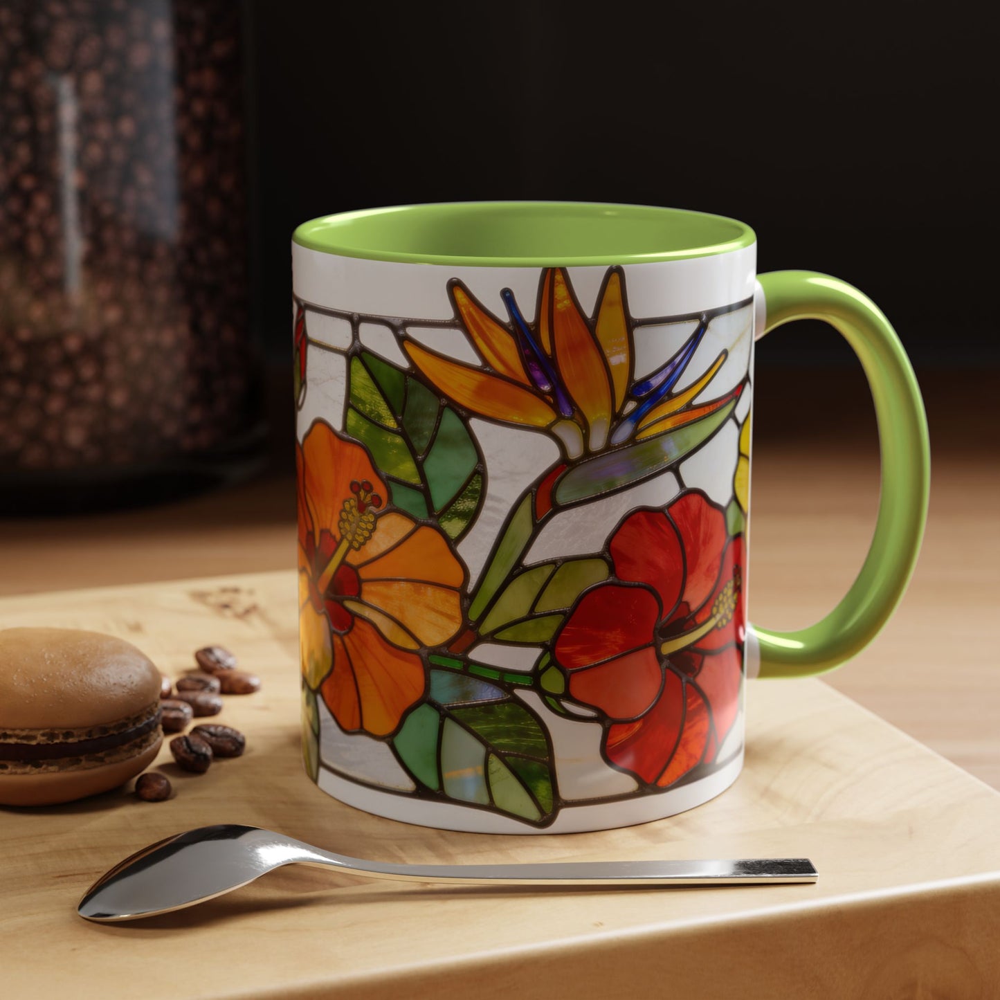 Stained Glass Tropical Flower Coffee Mug — Hibiscus & Bird of Paradise Accent Mug