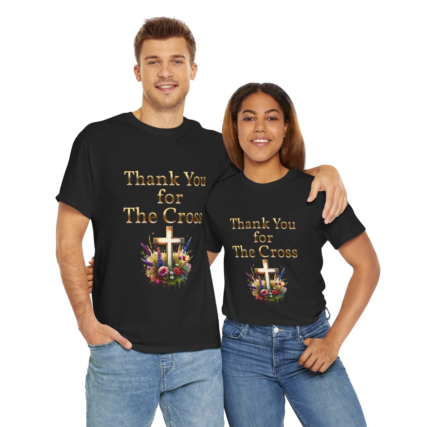 Thank You for THE CROSS  with beautiful flowers at base of Cross written in gold Inspirational- Creative & Unique Design