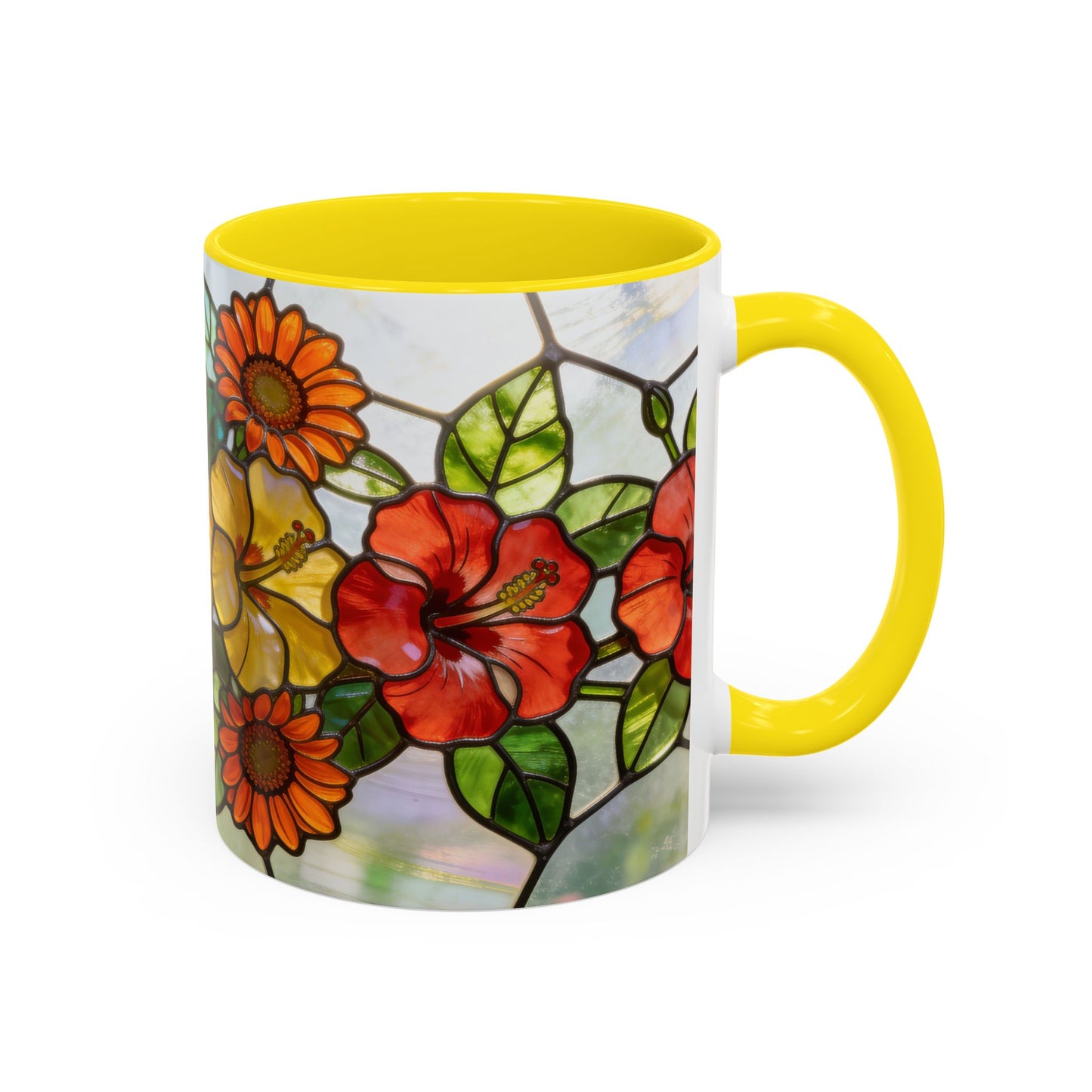 Stained Glass Floral Accent Coffee Mug — Hibiscus & Sunflower Art (11/15oz)