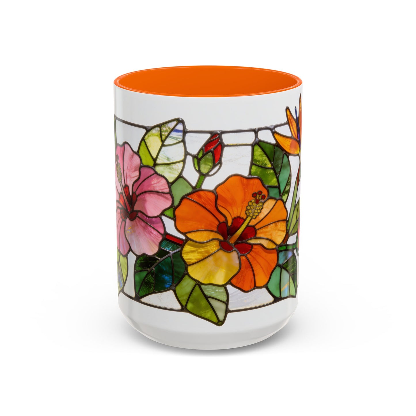 Stained Glass Tropical Flower Coffee Mug — Hibiscus & Bird of Paradise Accent Mug