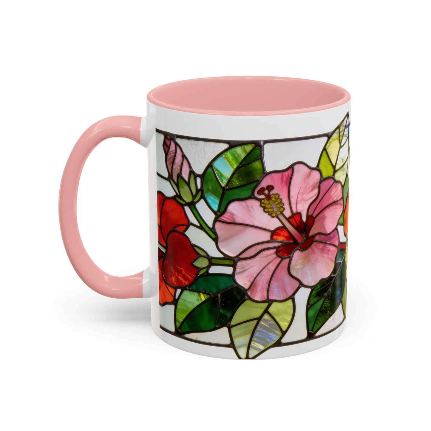 Stained Glass Tropical Flower Coffee Mug — Hibiscus & Bird of Paradise Accent Mug