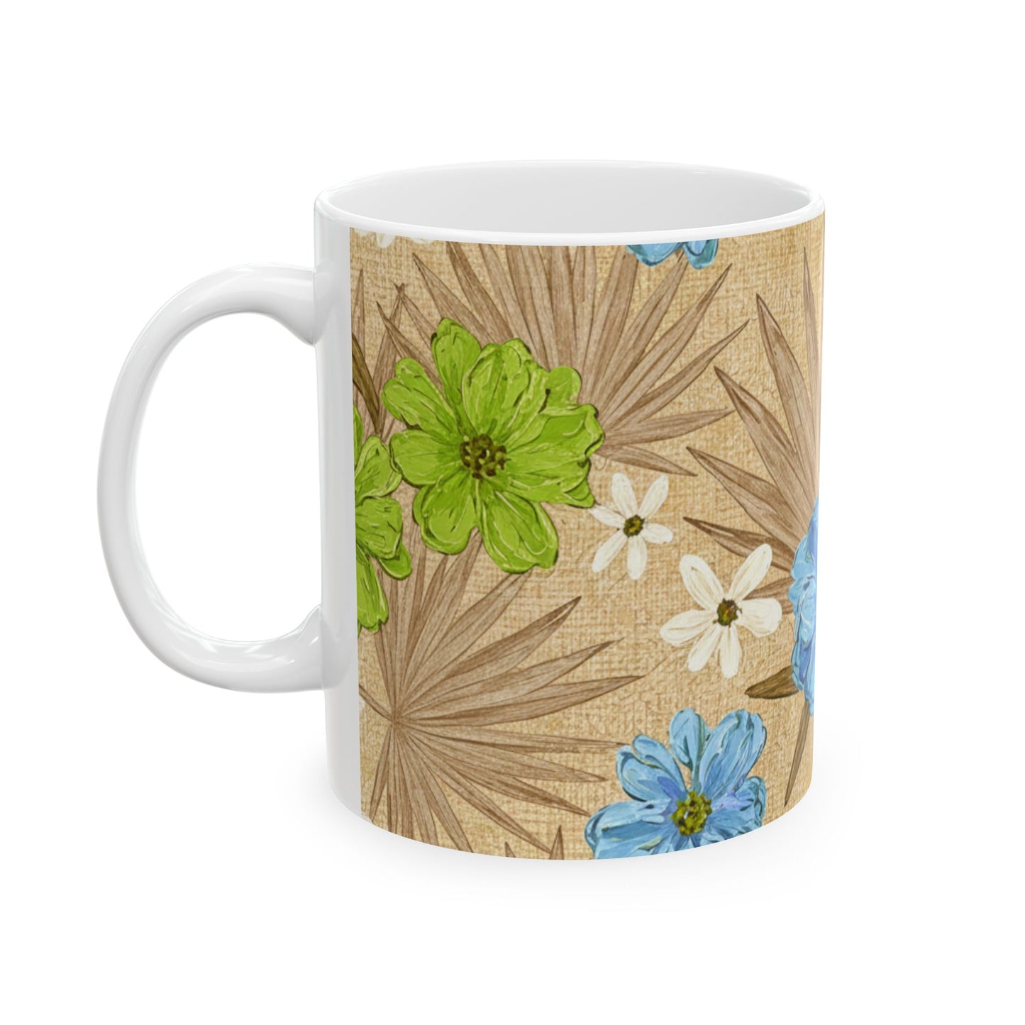 Floral Boho Ceramic Mug - Blue Wildflowers on Palm Leaf Background (11oz, 15oz)