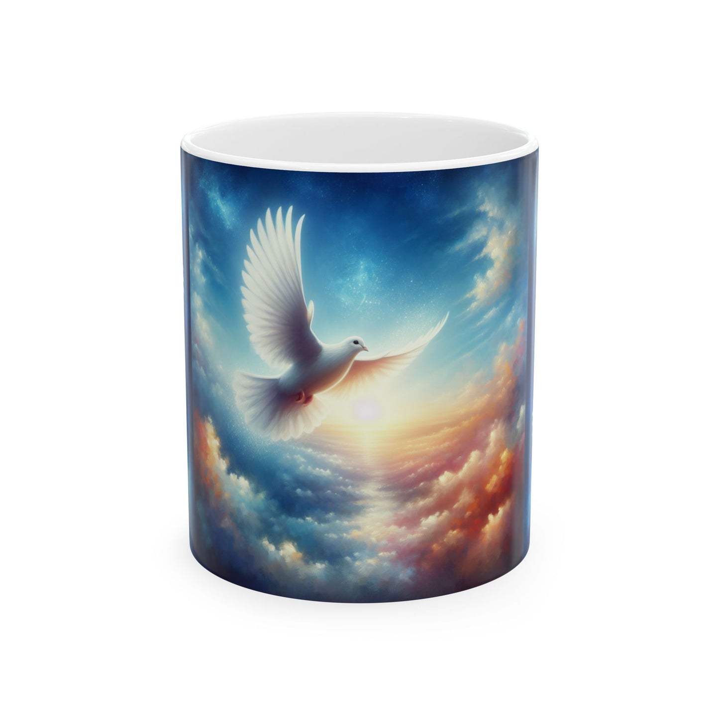 Dove in Sunrise Ceramic Mug — Inspirational Peace Coffee Cup (11oz & 15oz)