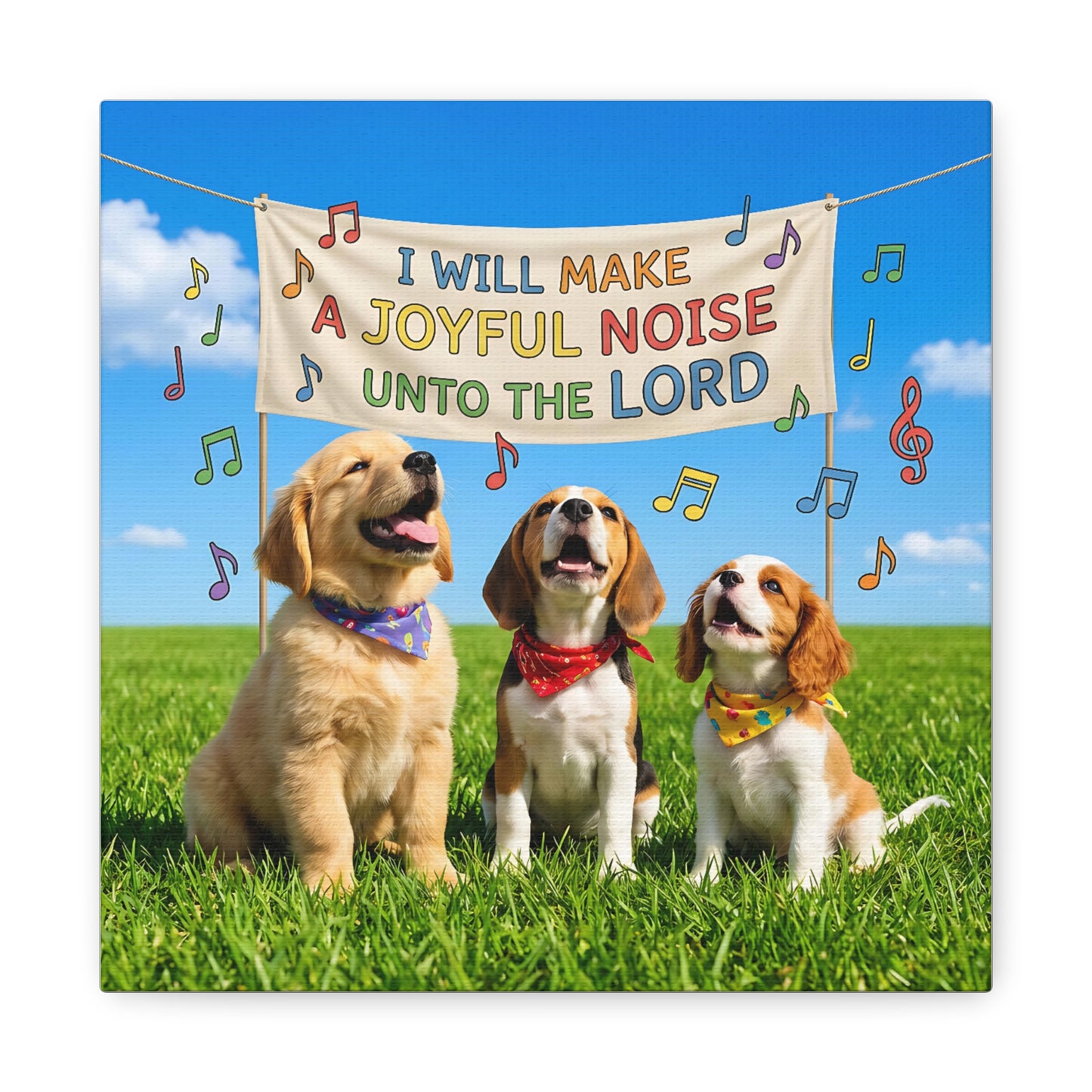 Joyful Noise Puppies Canvas Wall Art — Religious Christian Bible Verse 'I Will Make A Joyful Noise Unto The Lord'