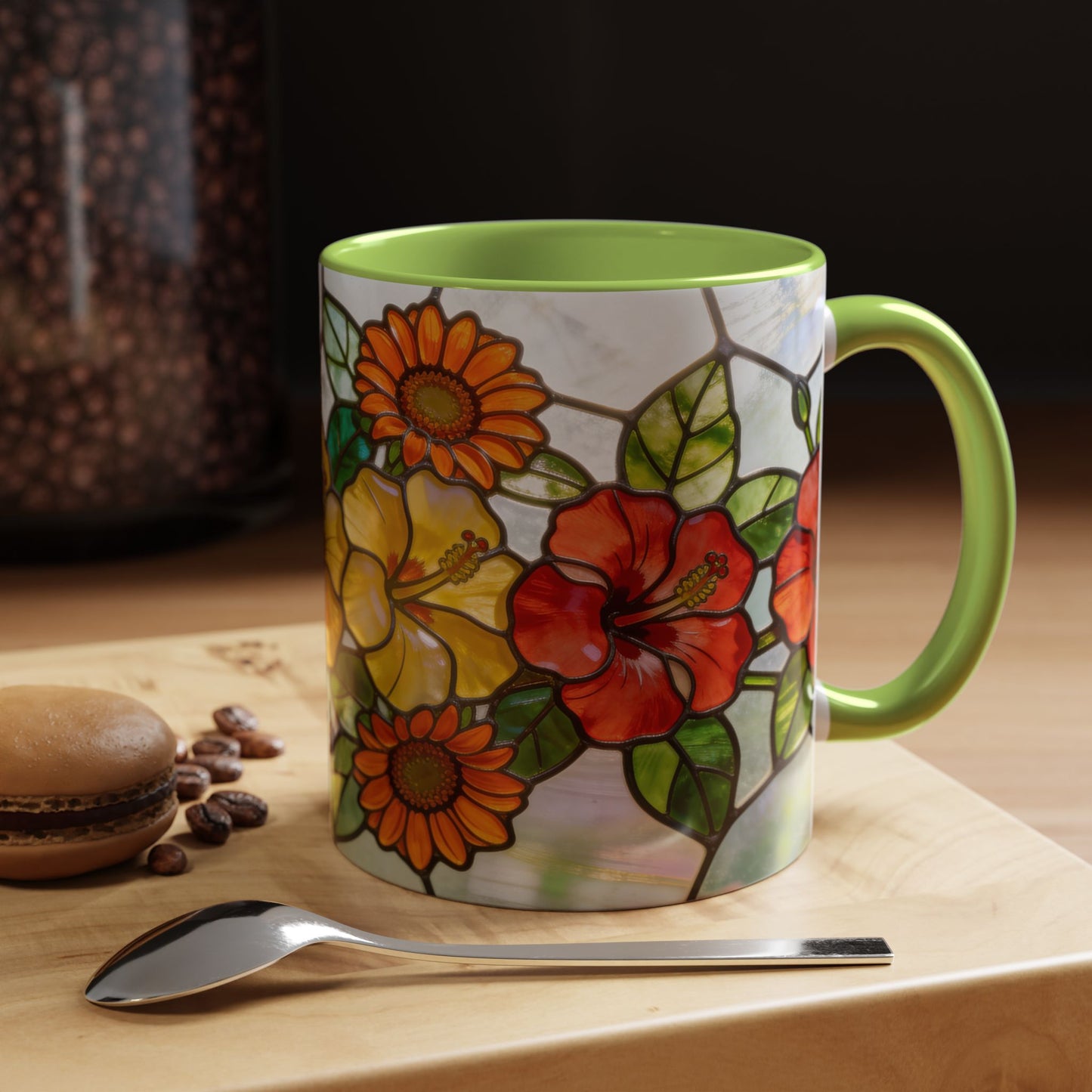 Stained Glass Floral Accent Coffee Mug — Hibiscus & Sunflower Art (11/15oz)