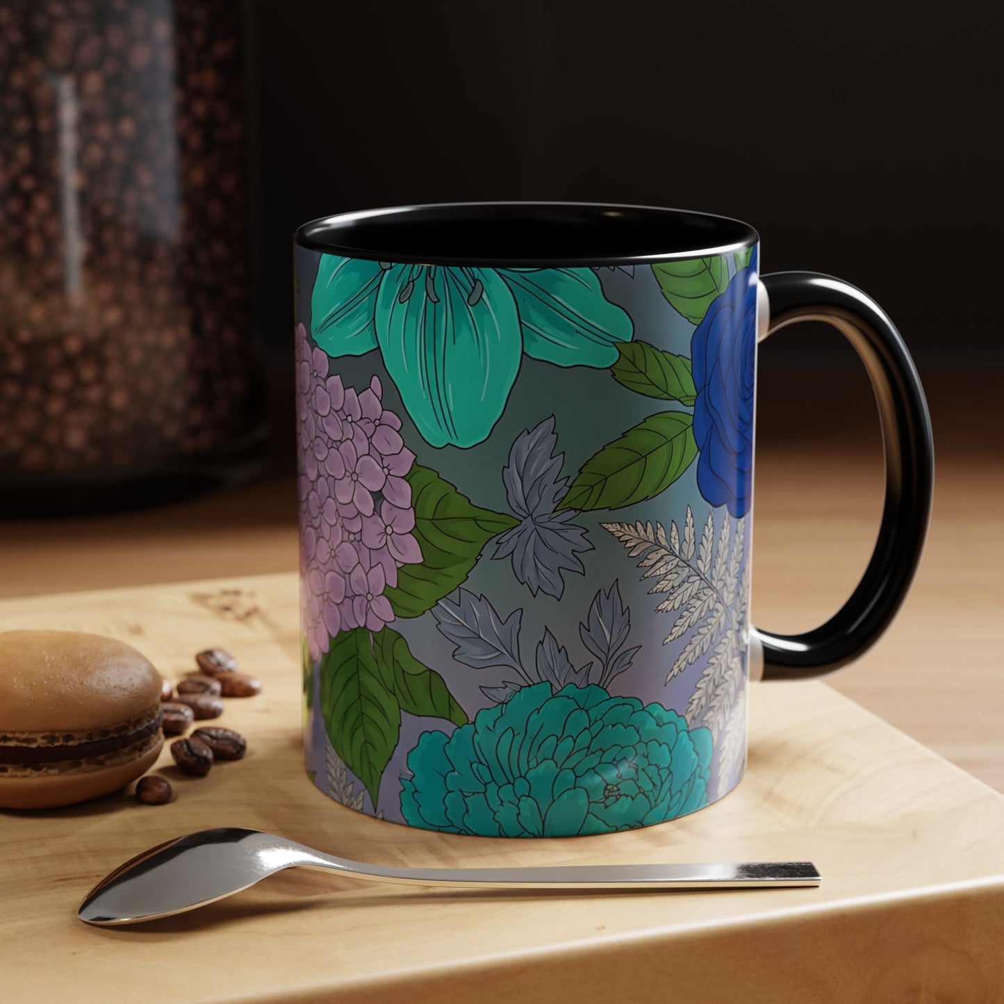 Floral Hydrangea Accent Coffee Mug — Teal & Lavender Botanical Drinkware