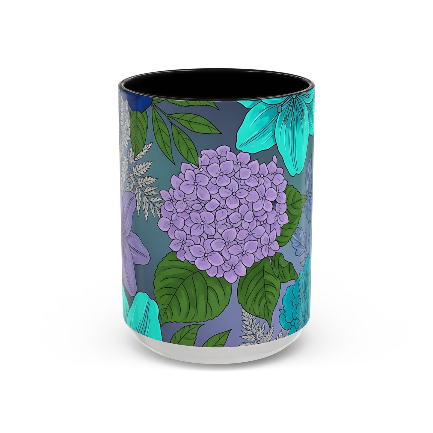 Floral Hydrangea Accent Coffee Mug — Teal & Lavender Botanical Drinkware