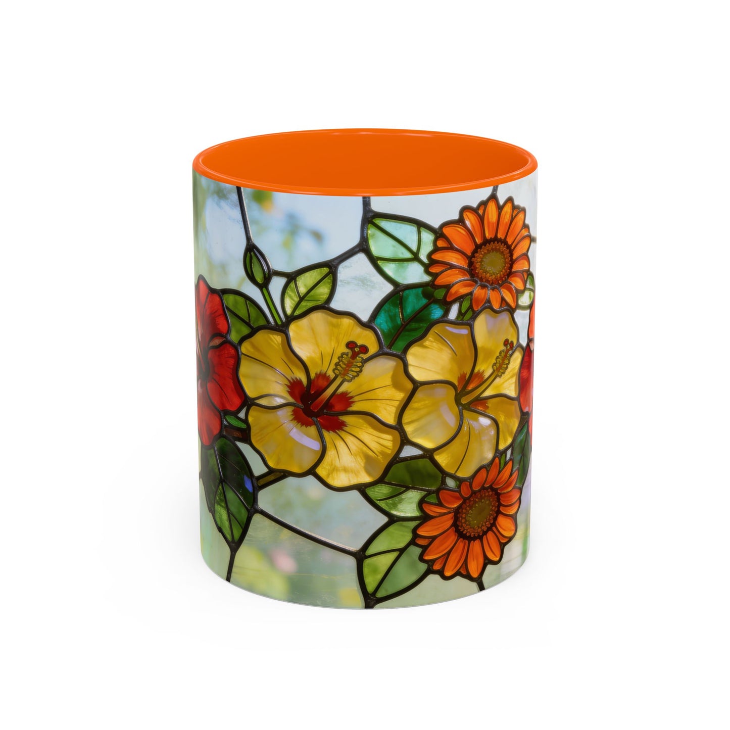 Stained Glass Floral Accent Coffee Mug — Hibiscus & Sunflower Art (11/15oz)