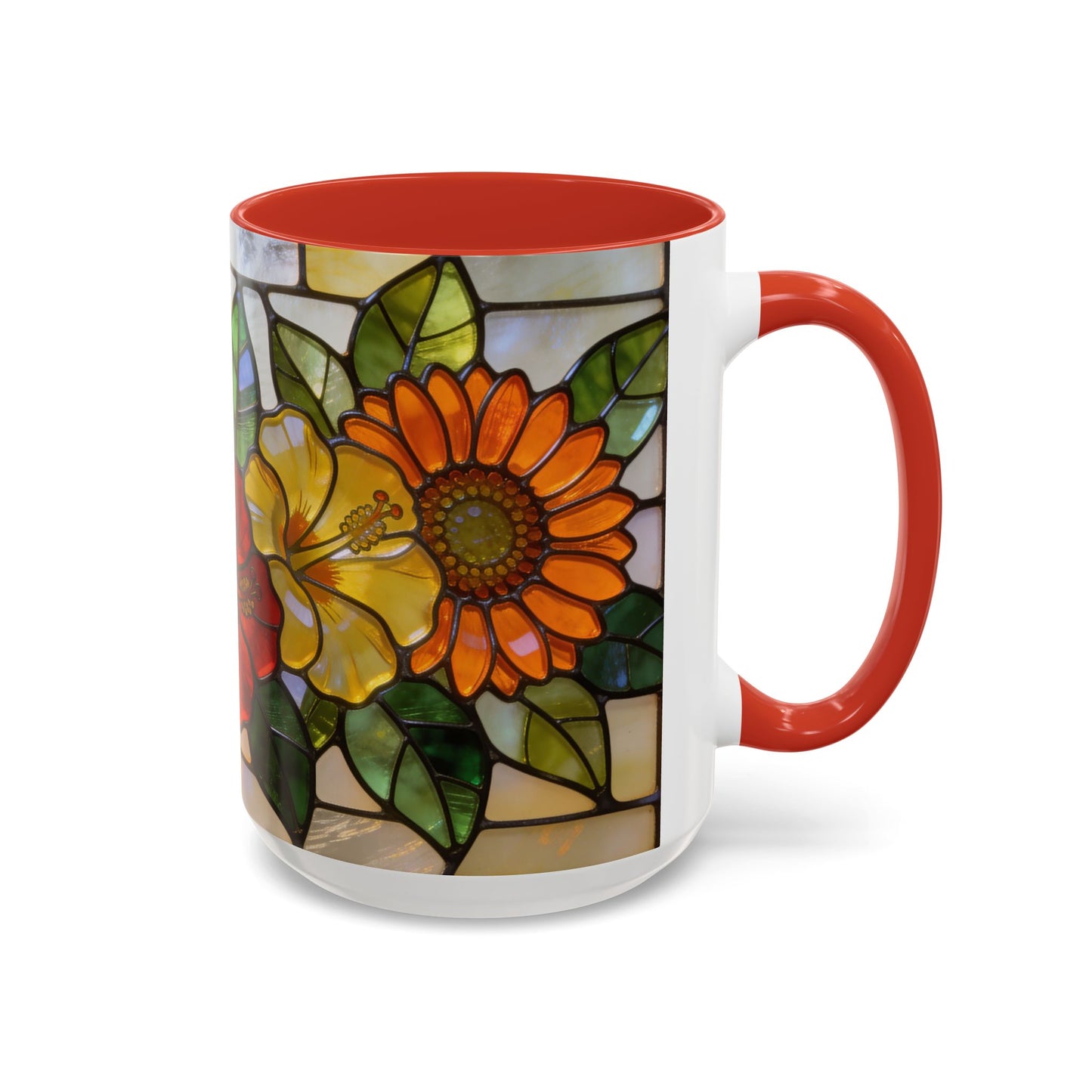 Floral Stained Glass Accent Coffee Mug – Hibiscus & Sunflower Design (11/15oz)