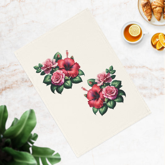 Vintage Hibiscus and Rose Design - 100% Organic Cotton Tea Towel