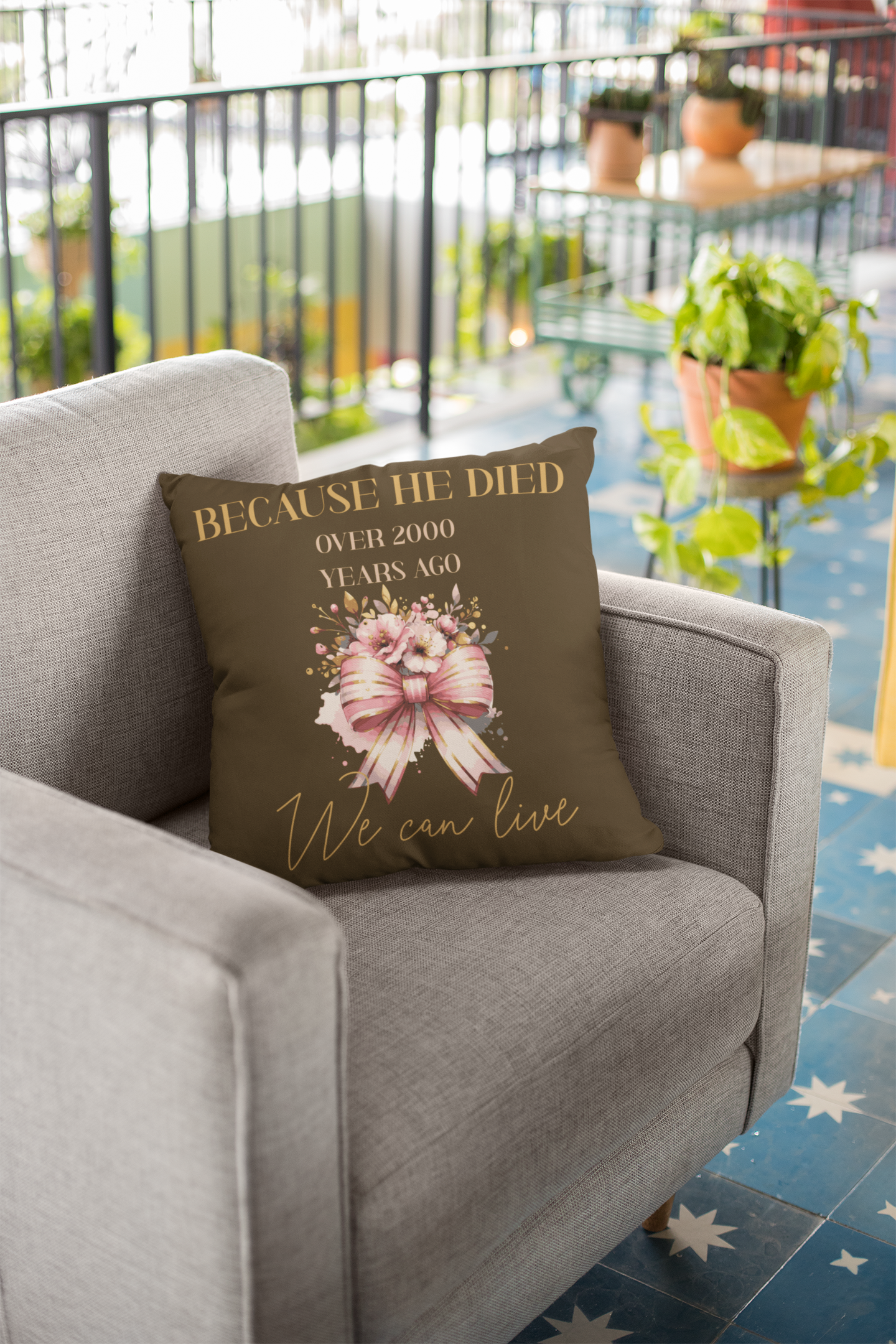 "Because HE died over 2000 years ago we can live" Christian design  - Spun Polyester Square Pillow