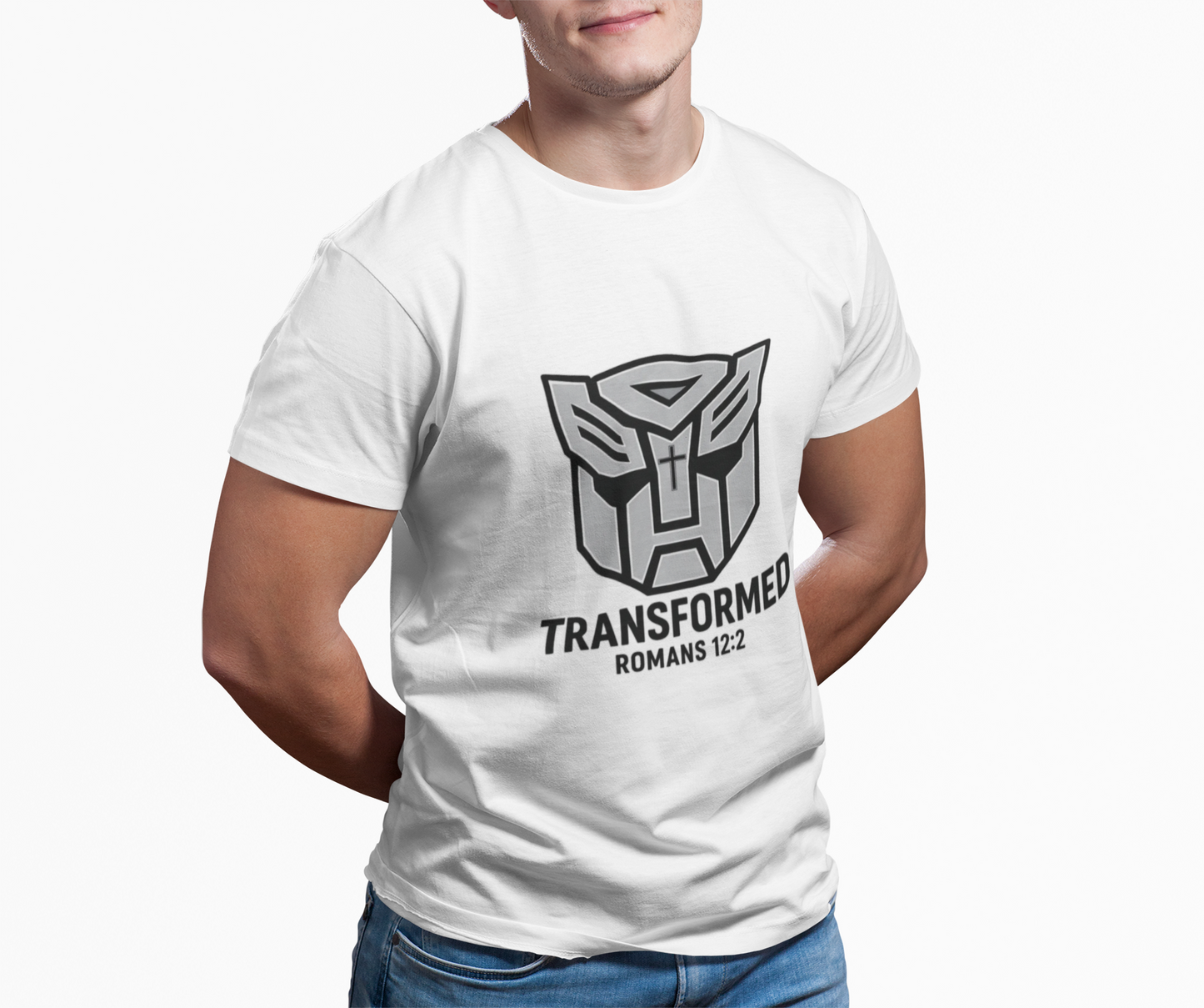 Transformed Graphic Tee — "Transformed" Romans 12:2 Christian Transformer Logo T-Shirt