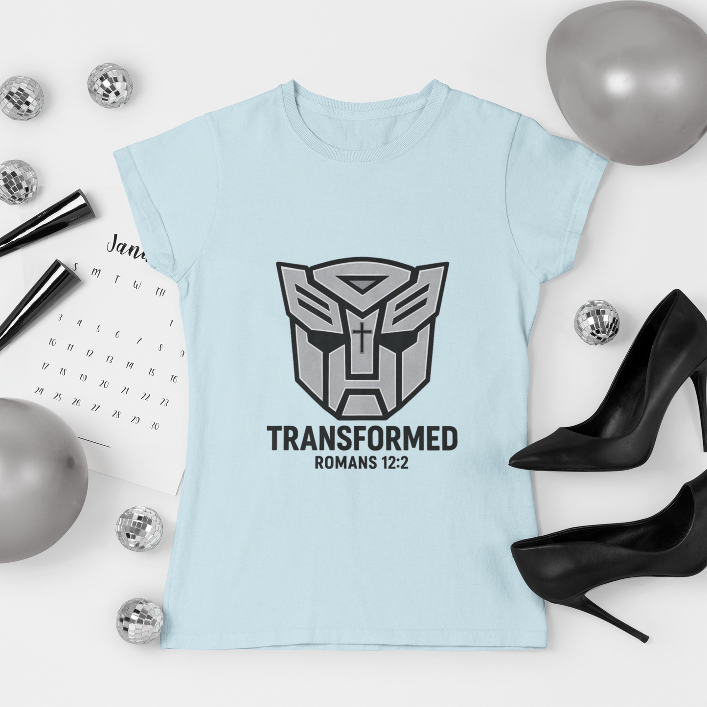 Transformed Graphic Tee — "Transformed" Romans 12:2 Christian Transformer Logo T-Shirt