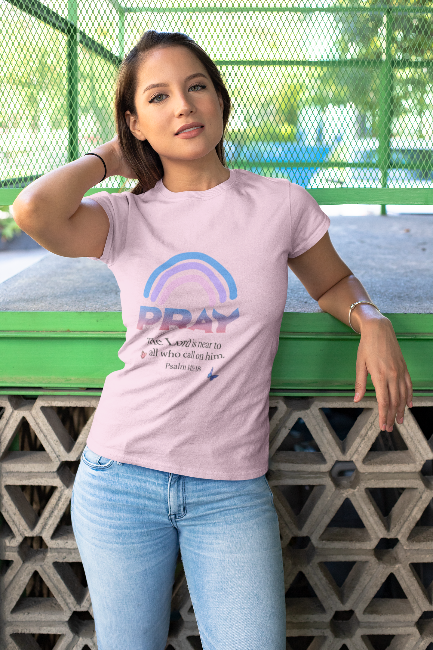 Prayer Rainbow T-Shirt — "PRAY" Psalm 145:18 Inspirational Christian Tee