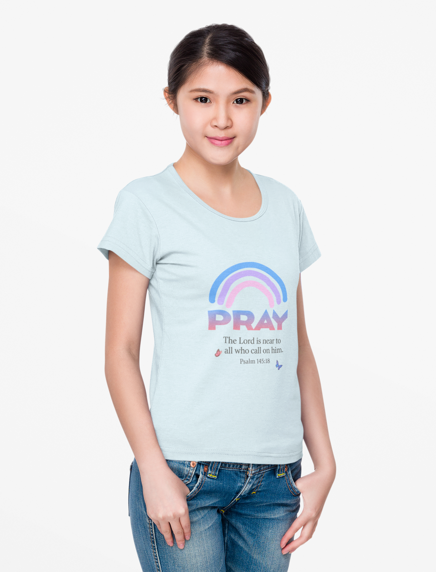 Prayer Rainbow T-Shirt — "PRAY" Psalm 145:18 Inspirational Christian Tee