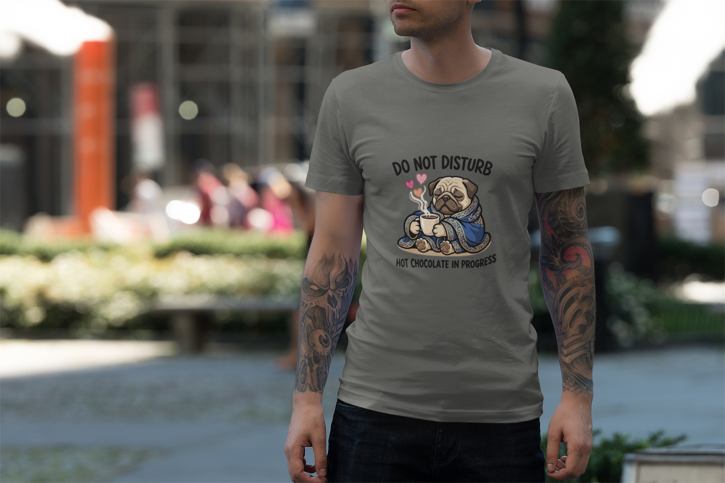 Do Not Disturb Pug T-Shirt — "Hot Chocolate in Progress" Cozy Graphic Tee