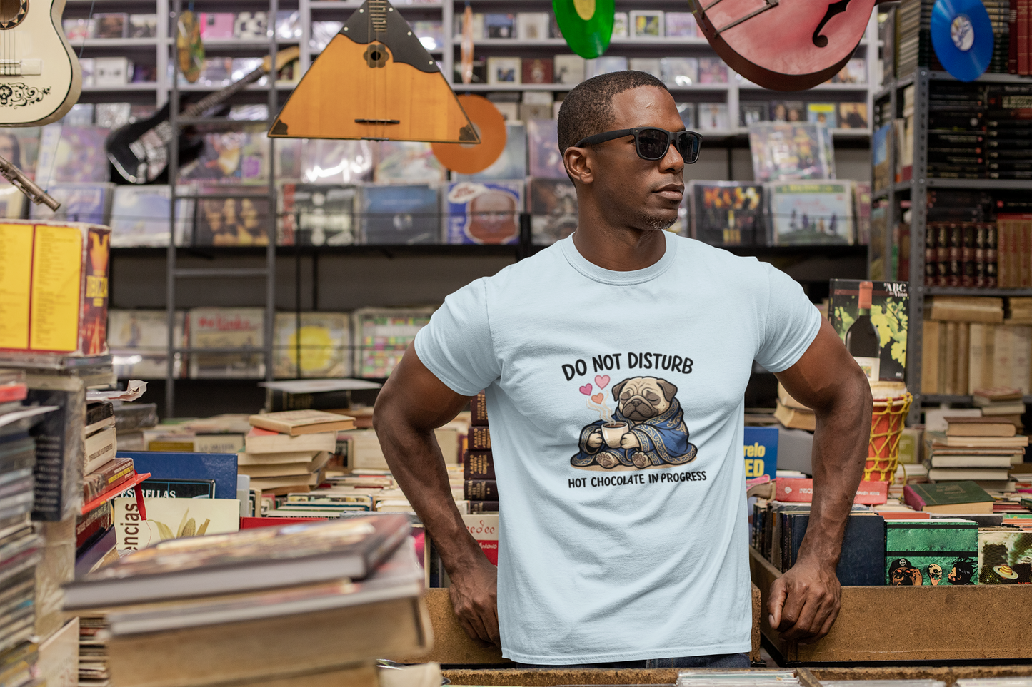Do Not Disturb Pug T-Shirt — "Hot Chocolate in Progress" Cozy Graphic Tee