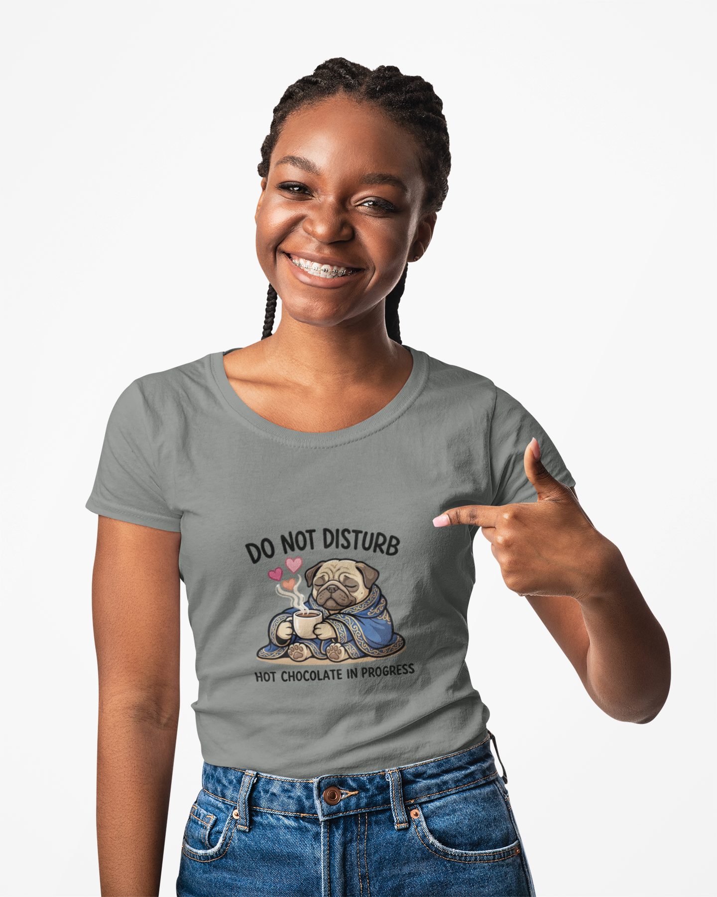 Do Not Disturb Pug T-Shirt — "Hot Chocolate in Progress" Cozy Graphic Tee