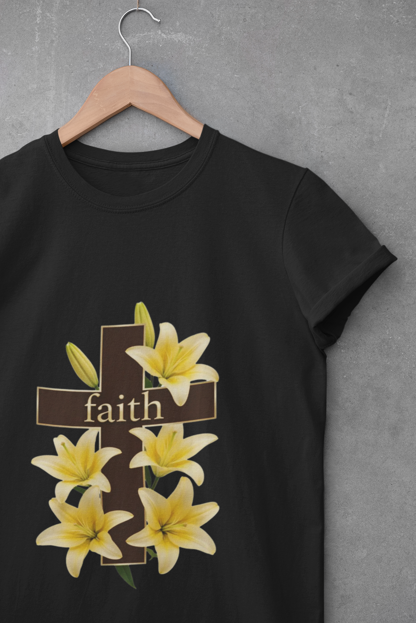 Faith Cross T‑Shirt with Yellow Lilies — Inspirational Christian Easter Tee