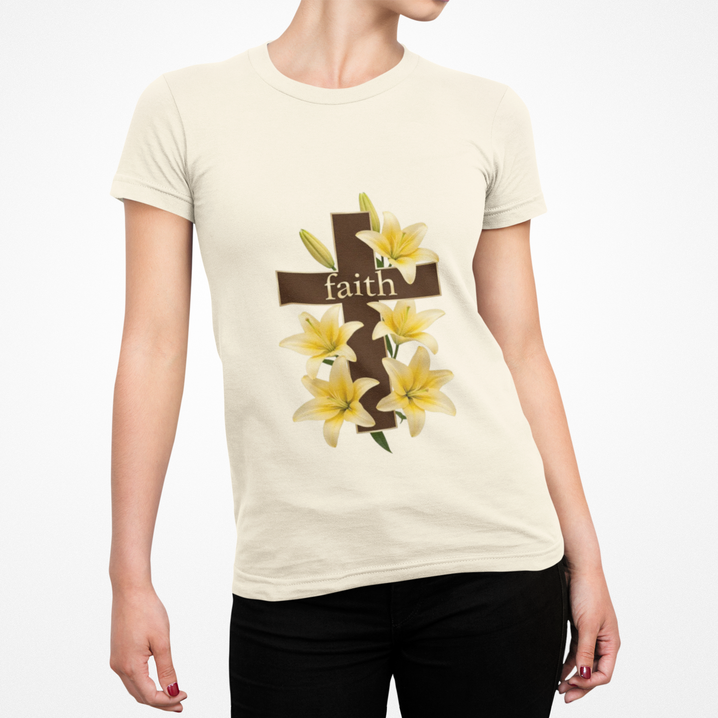 Faith Cross T‑Shirt with Yellow Lilies — Inspirational Christian Easter Tee