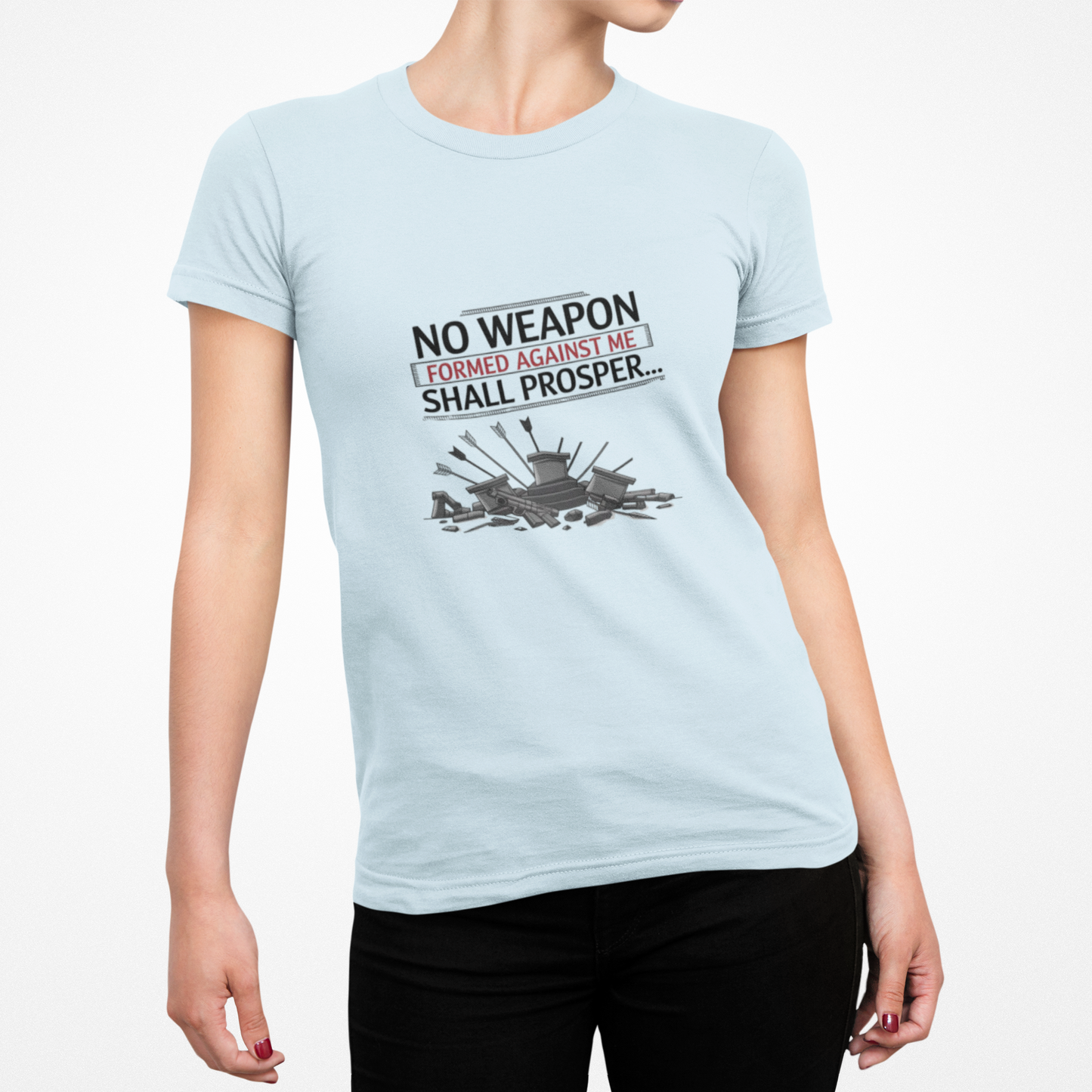 No Weapon Formed Against Me Shall Prosper T-Shirt — Isaiah 54:17 Christian Faith Tee