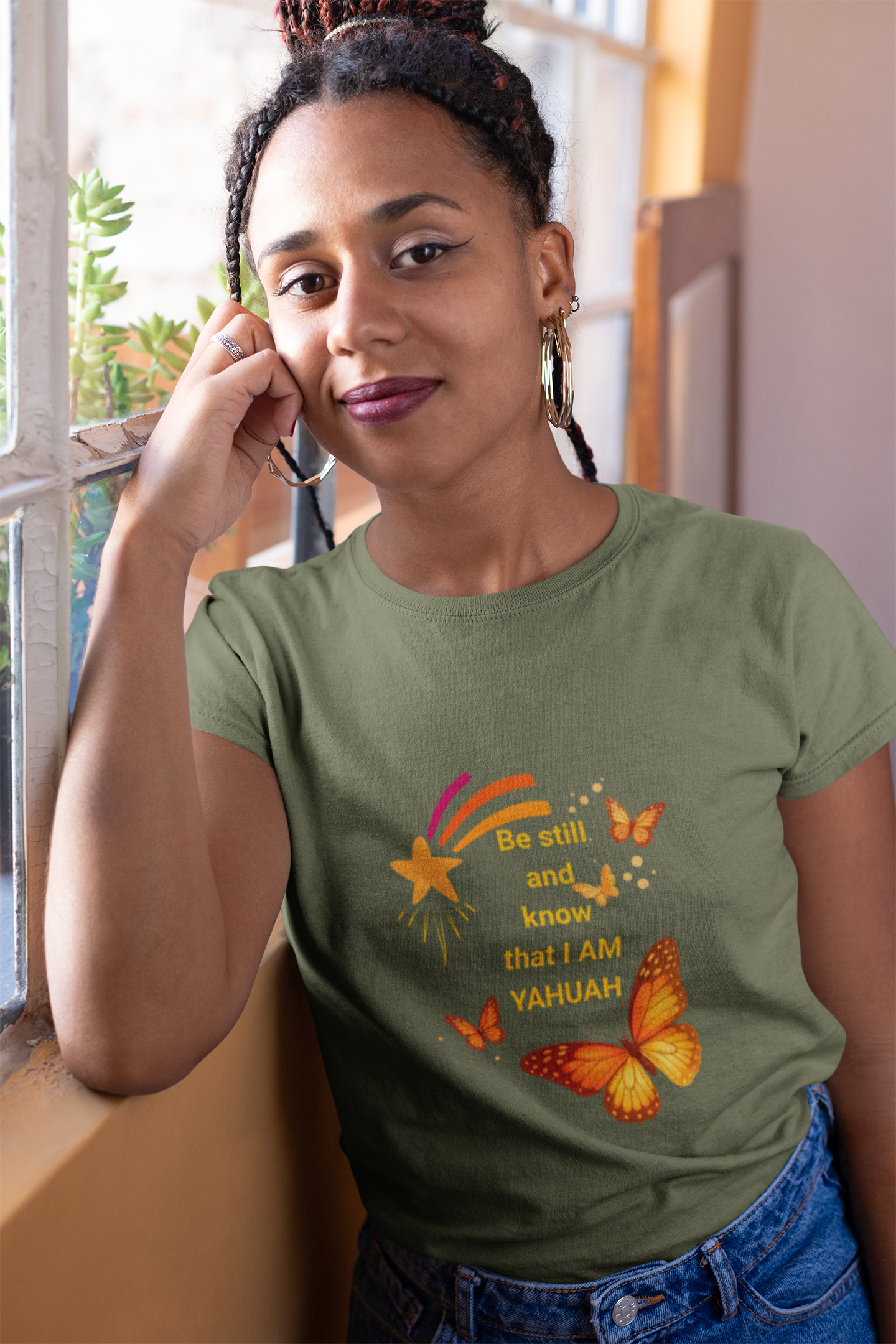 T-Shirt — Orange Butterfly "Be still and know that I AM YAHUAH" Inspirational Graphic Tee