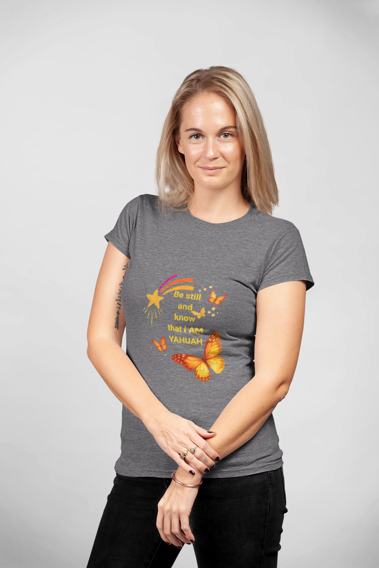 T-Shirt — Orange Butterfly "Be still and know that I AM YAHUAH" Inspirational Graphic Tee