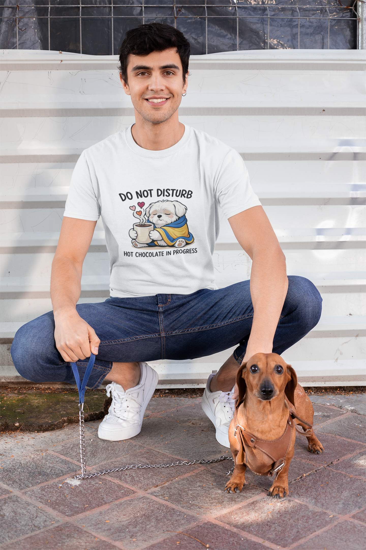 T-Shirt — "Do Not Disturb: Hot Chocolate in Progress" Cute Dog Cozy Winter Tee