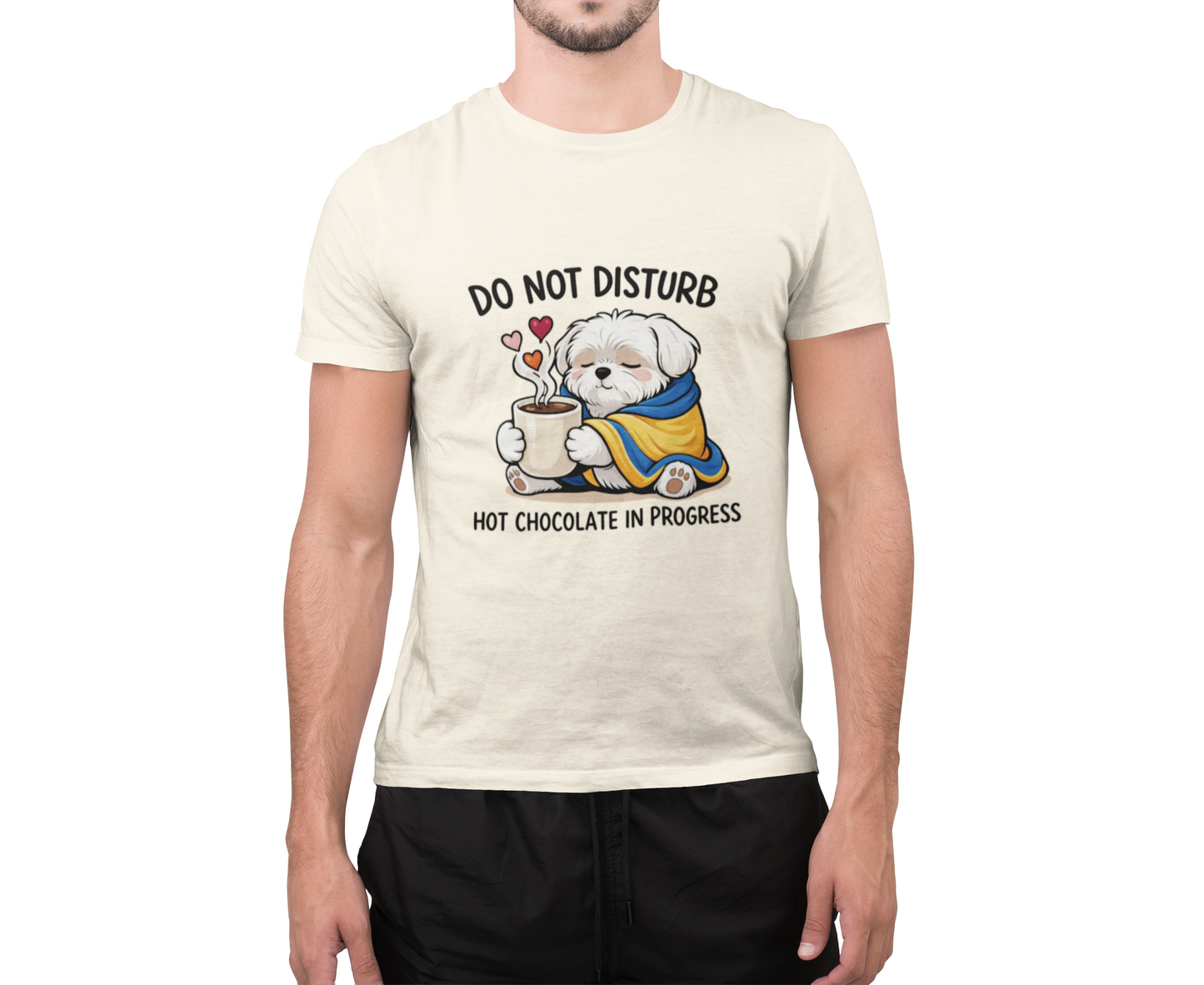 T-Shirt — "Do Not Disturb: Hot Chocolate in Progress" Cute Dog Cozy Winter Tee