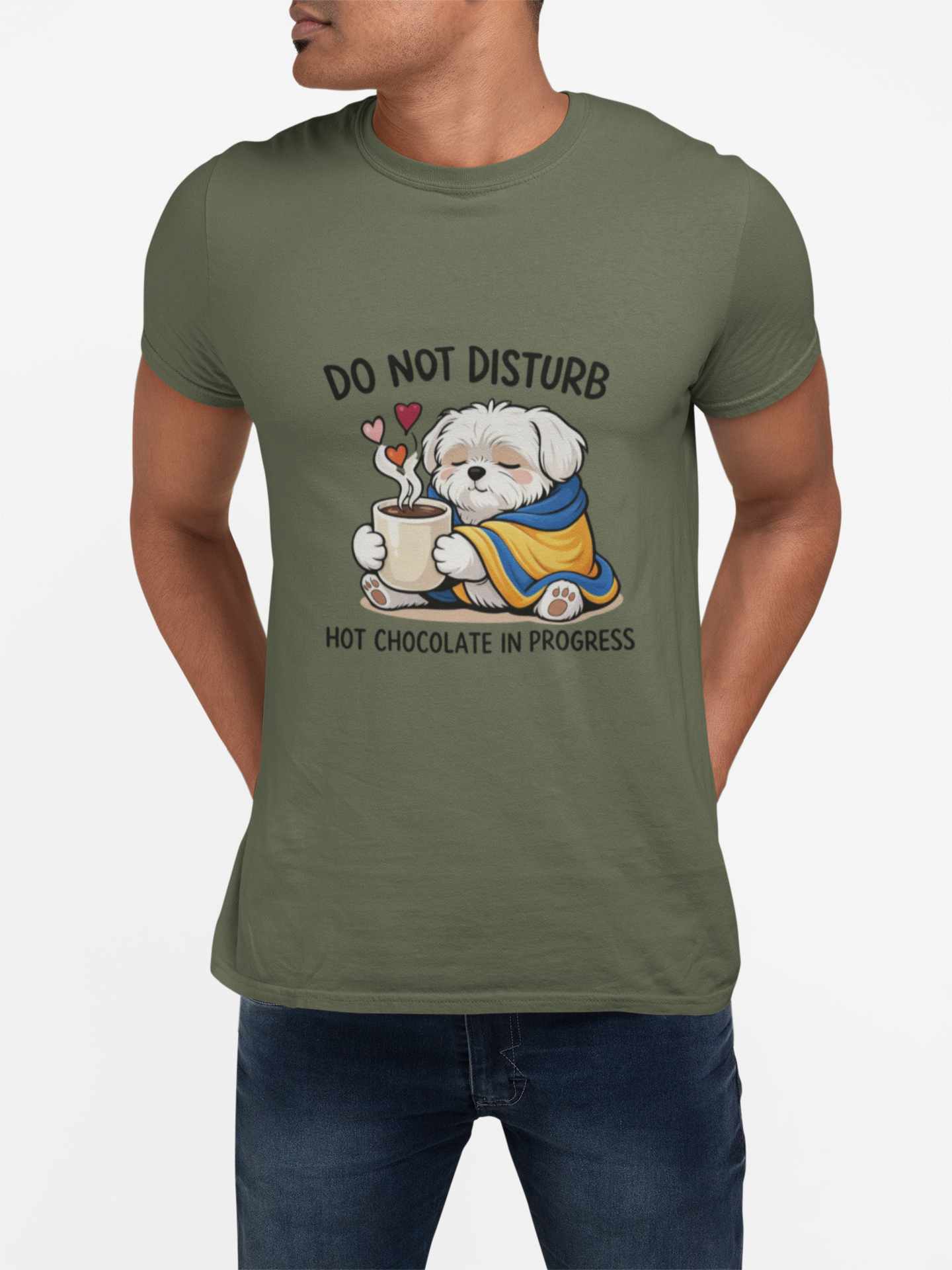 T-Shirt — "Do Not Disturb: Hot Chocolate in Progress" Cute Dog Cozy Winter Tee