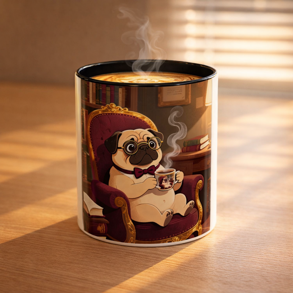Pug in Armchair Coffee Mug — Cozy Literary Tea & Coffee Cup (11/15oz)