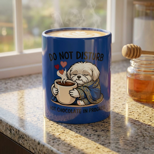 Do Not Disturb Hot Chocolate Mug — Cute Dog Cozy Winter Coffee Cup (11oz/15oz)
