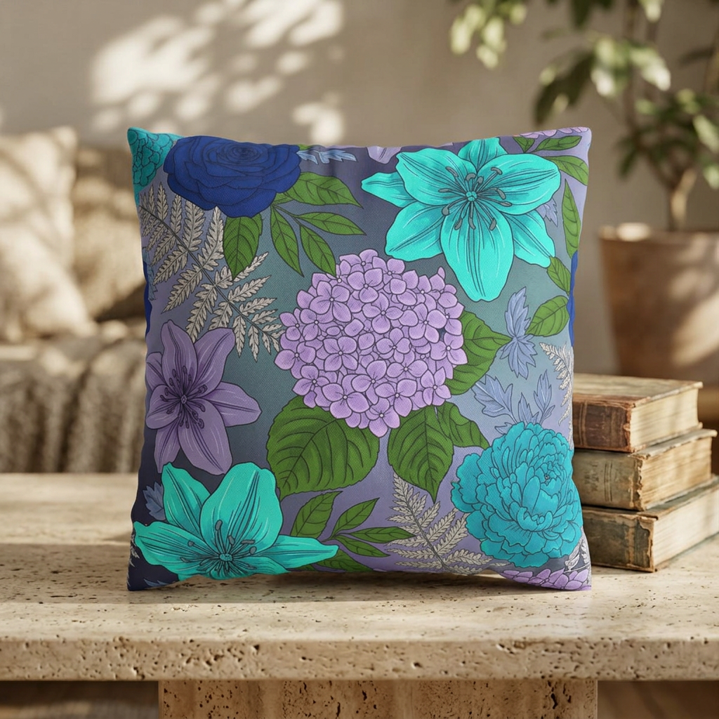 Floral blue and teal hydrangea and lily throw pillow