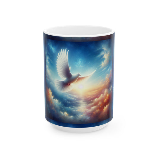 Dove in Sunrise Ceramic Mug — Inspirational Peace Coffee Cup (11oz & 15oz)