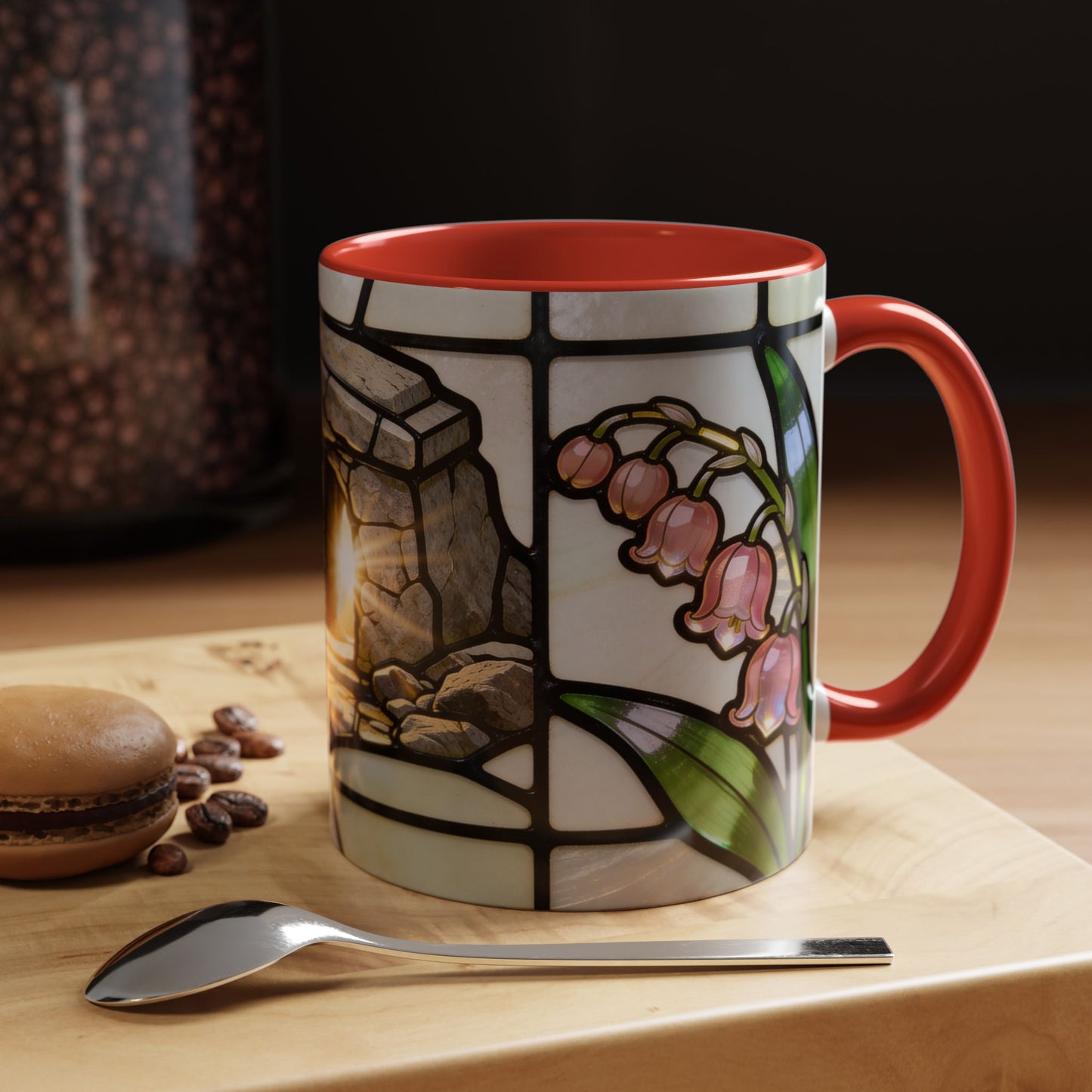 Stained Glass depiction of The Resurrected Tomb & Lily of the Valley Accent Coffee Mug — Christian Easter 11/15oz