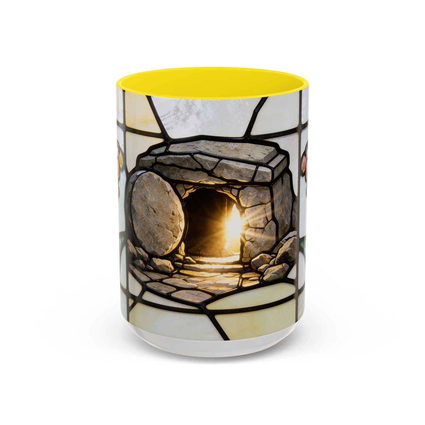 Stained Glass depiction of The Resurrected Tomb & Lily of the Valley Accent Coffee Mug — Christian Easter 11/15oz