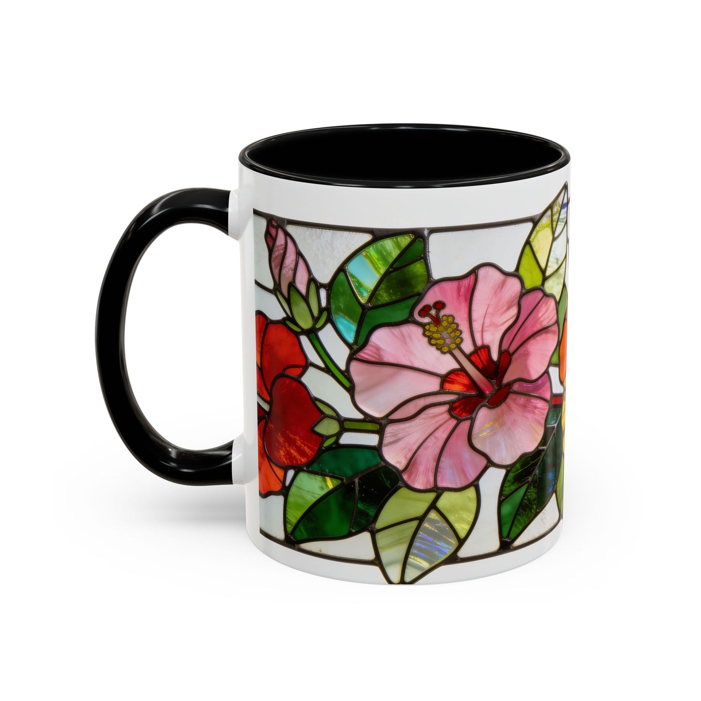 Stained Glass Tropical Flower Coffee Mug — Hibiscus & Bird of Paradise Accent Mug