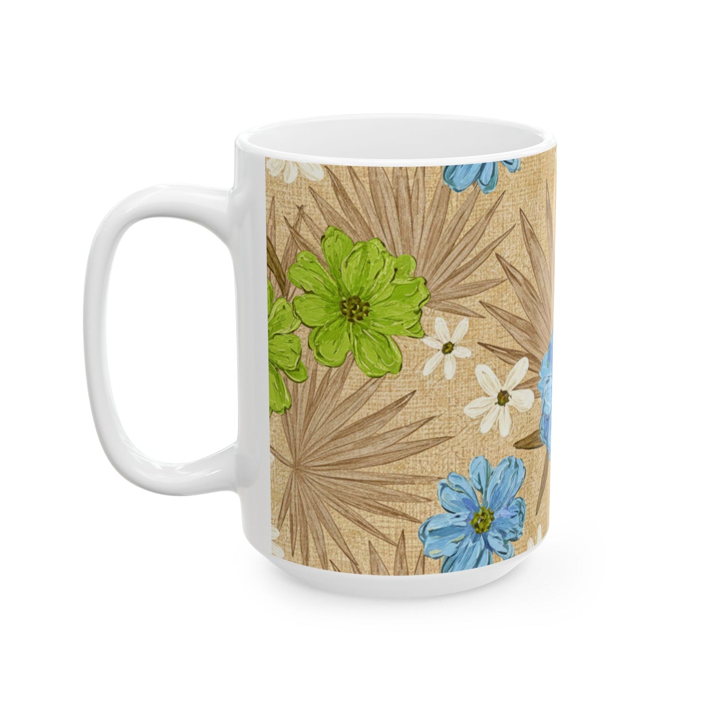 Floral Boho Ceramic Mug - Blue Wildflowers on Palm Leaf Background (11oz, 15oz)