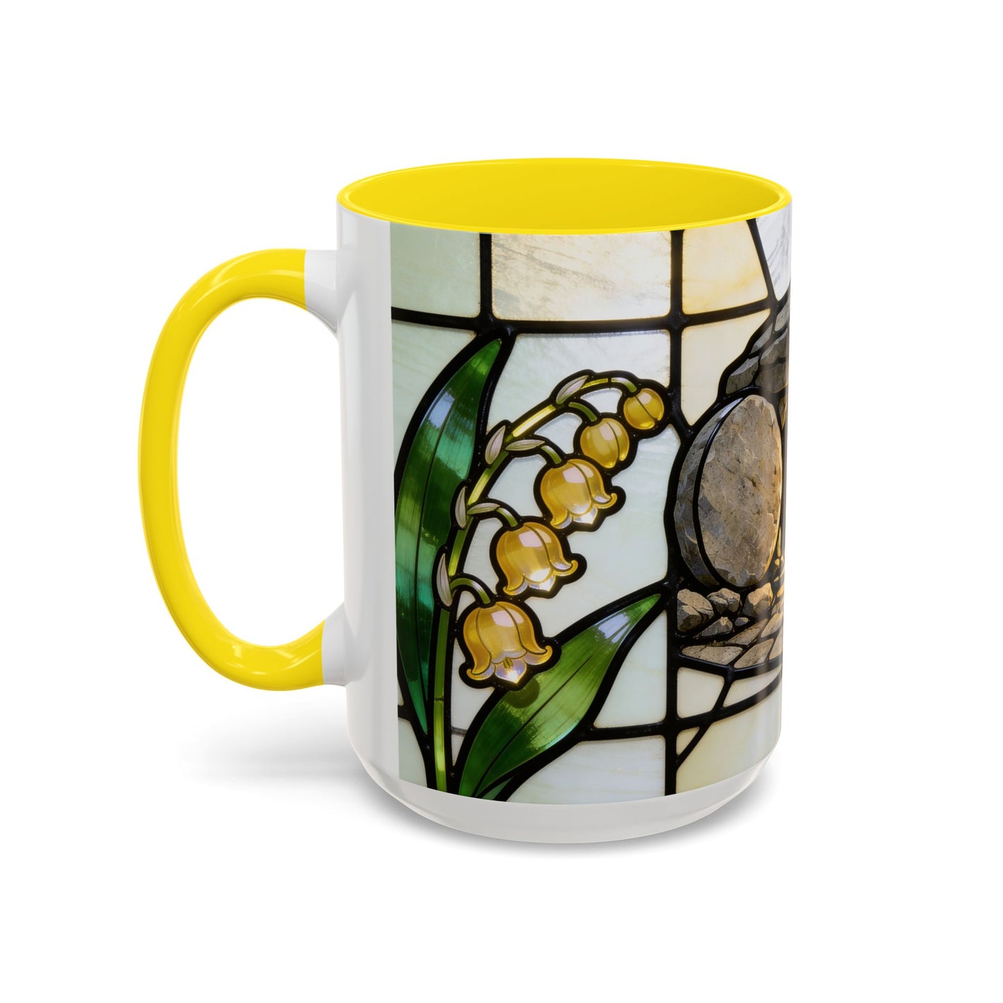 Stained Glass depiction of The Resurrected Tomb & Lily of the Valley Accent Coffee Mug — Christian Easter 11/15oz