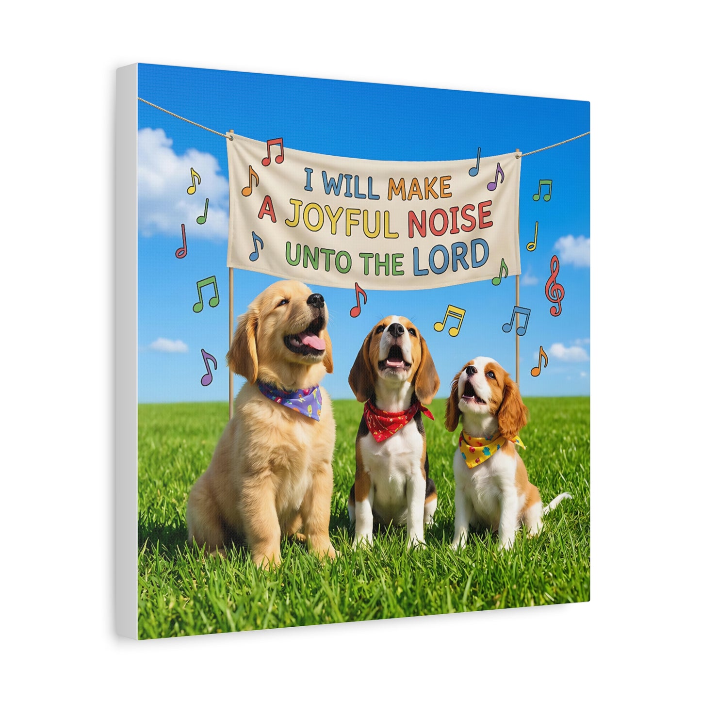 Joyful Noise Puppies Canvas Wall Art — Religious Christian Bible Verse 'I Will Make A Joyful Noise Unto The Lord'