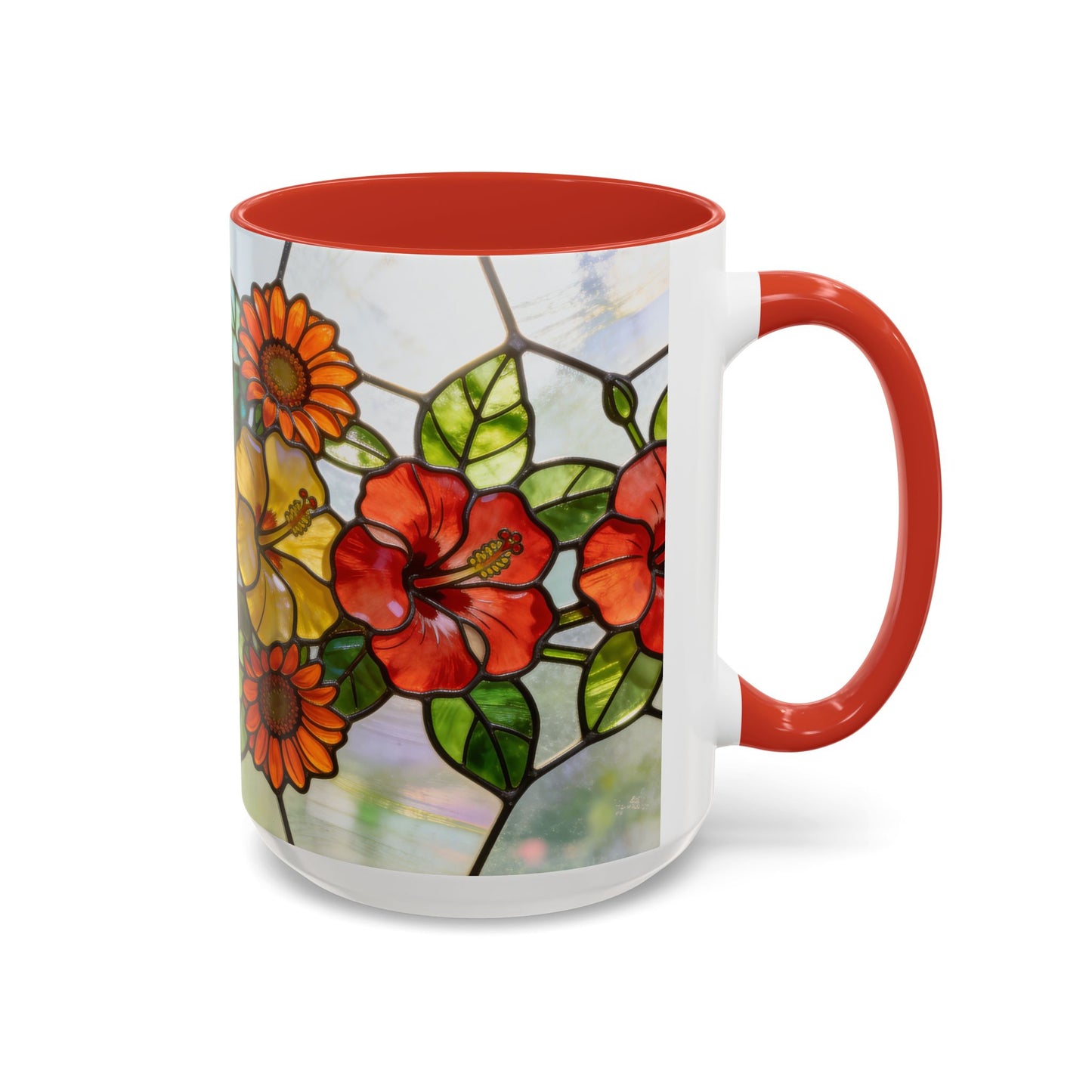 Stained Glass Floral Accent Coffee Mug — Hibiscus & Sunflower Art (11/15oz)