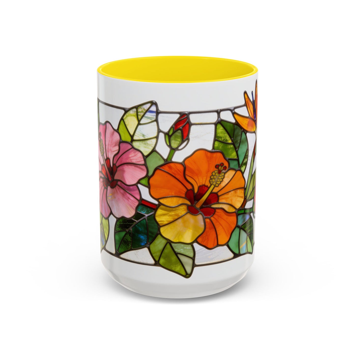 Stained Glass Tropical Flower Coffee Mug — Hibiscus & Bird of Paradise Accent Mug