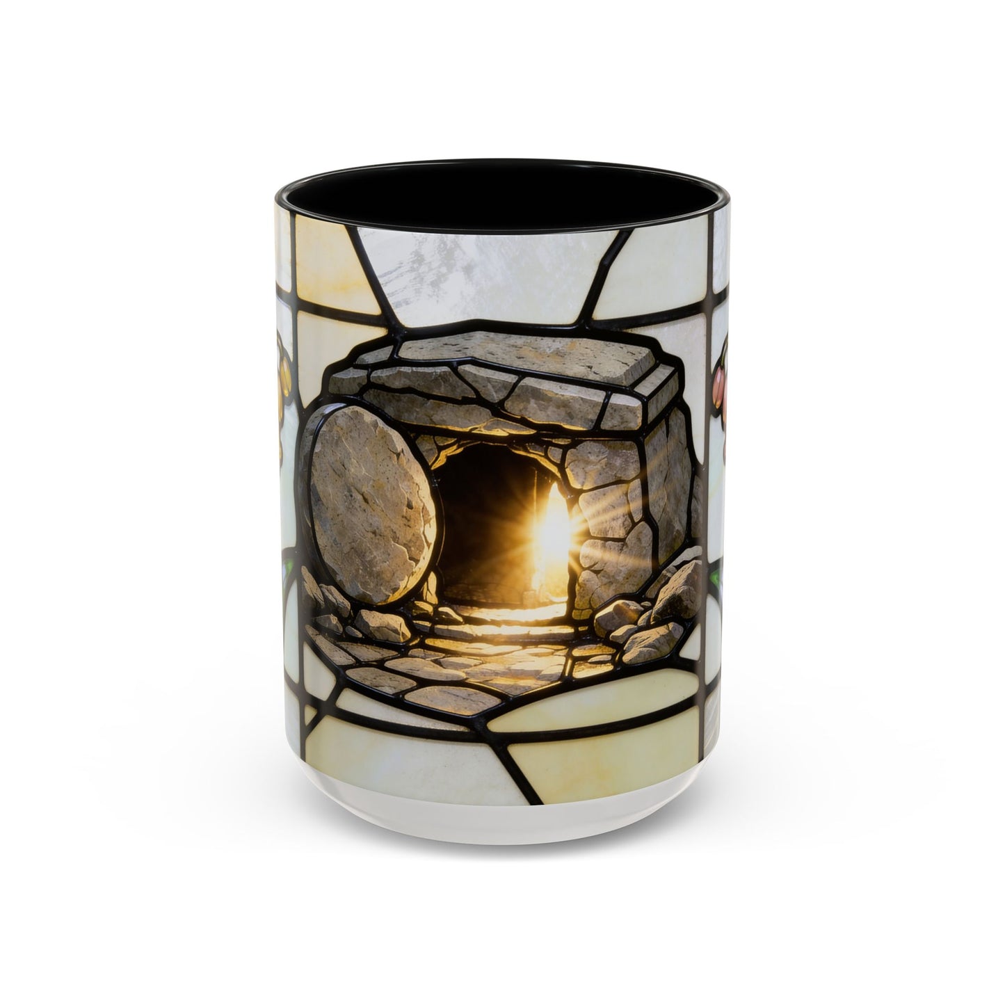 Stained Glass depiction of The Resurrected Tomb & Lily of the Valley Accent Coffee Mug — Christian Easter 11/15oz